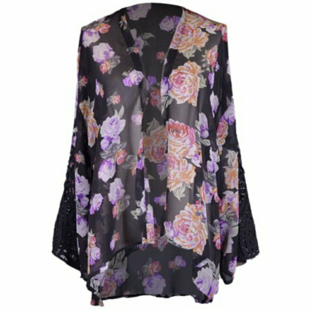 Black Floral Sheer Wrap With Lace Detailed Sleeves - Small/Medium